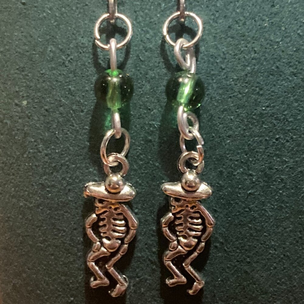 Dios De Los Muertos Dancing Skeleton and Green Glass Earrings